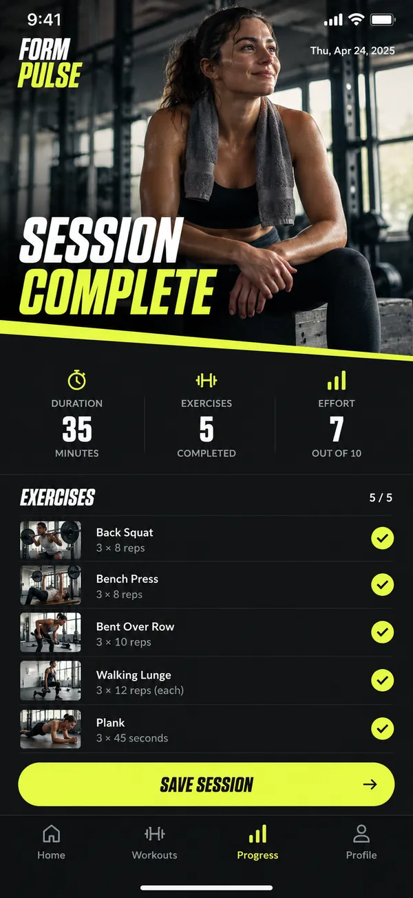 Form Pulse workout planner app: session summary after finishing a workout