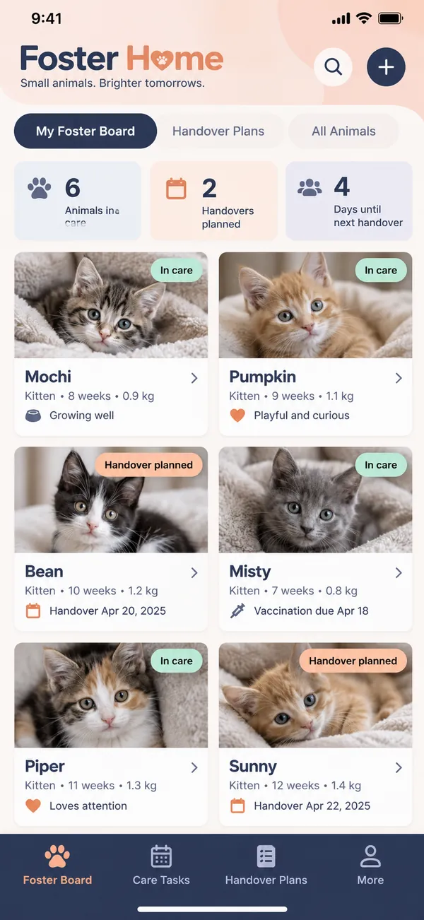 Foster Home animal foster app: foster board showing animals and their placements