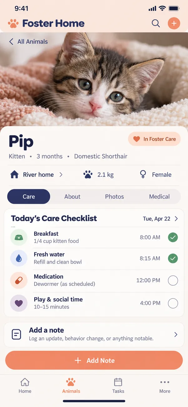 Foster Home animal foster app: Pip's animal profile with care tasks and notes