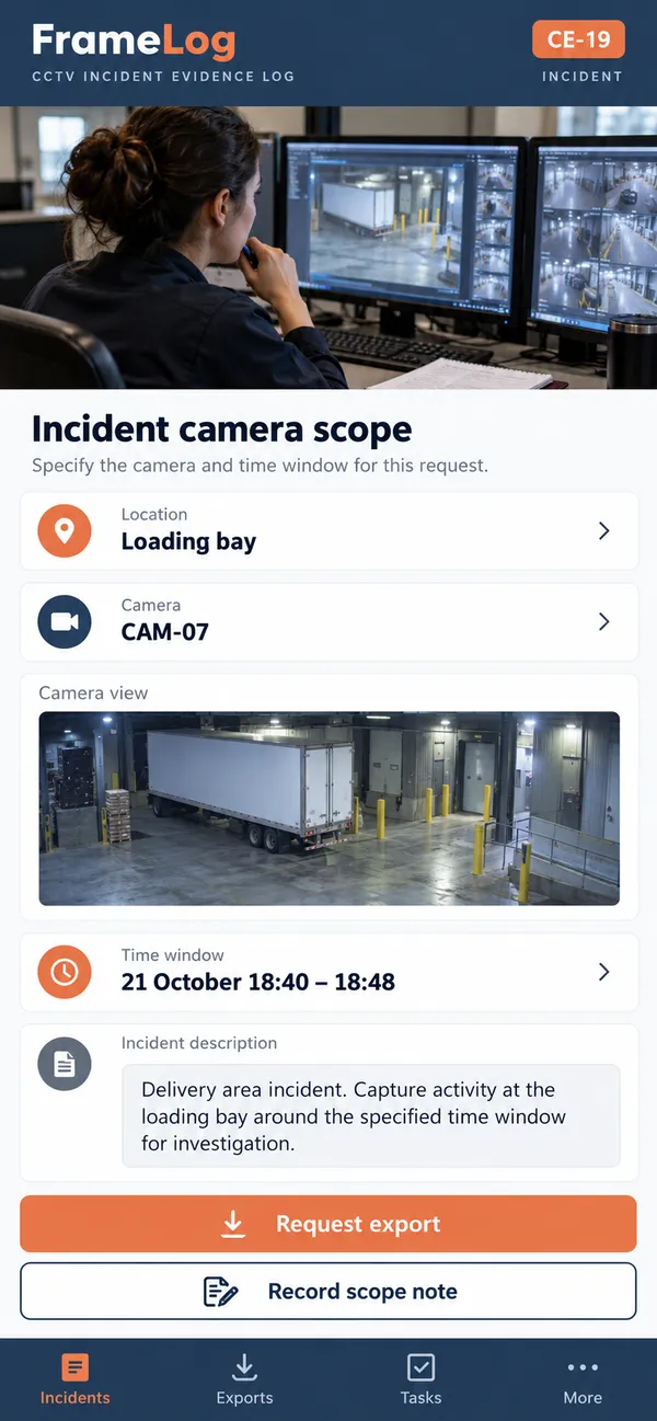 FrameLog CCTV evidence log app: footage reference and time window specified for an incident review