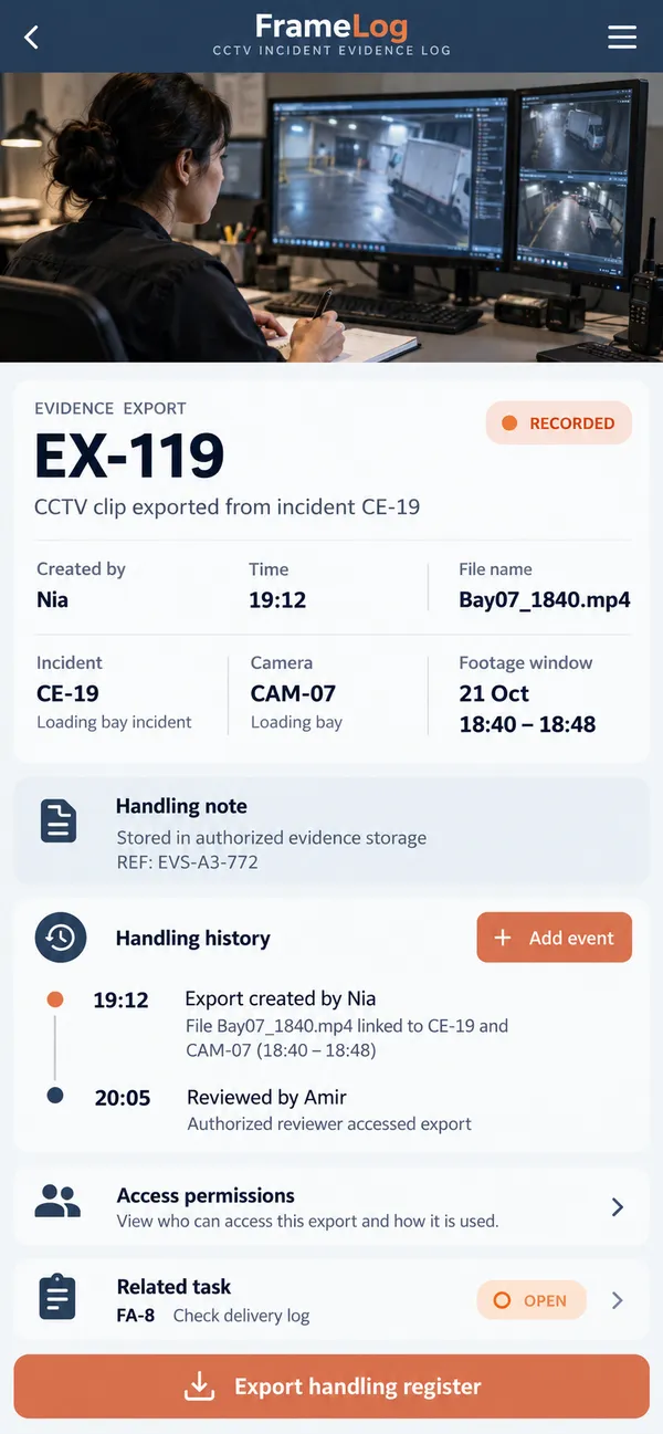 FrameLog CCTV evidence log app: export handling recorded with who did it and when