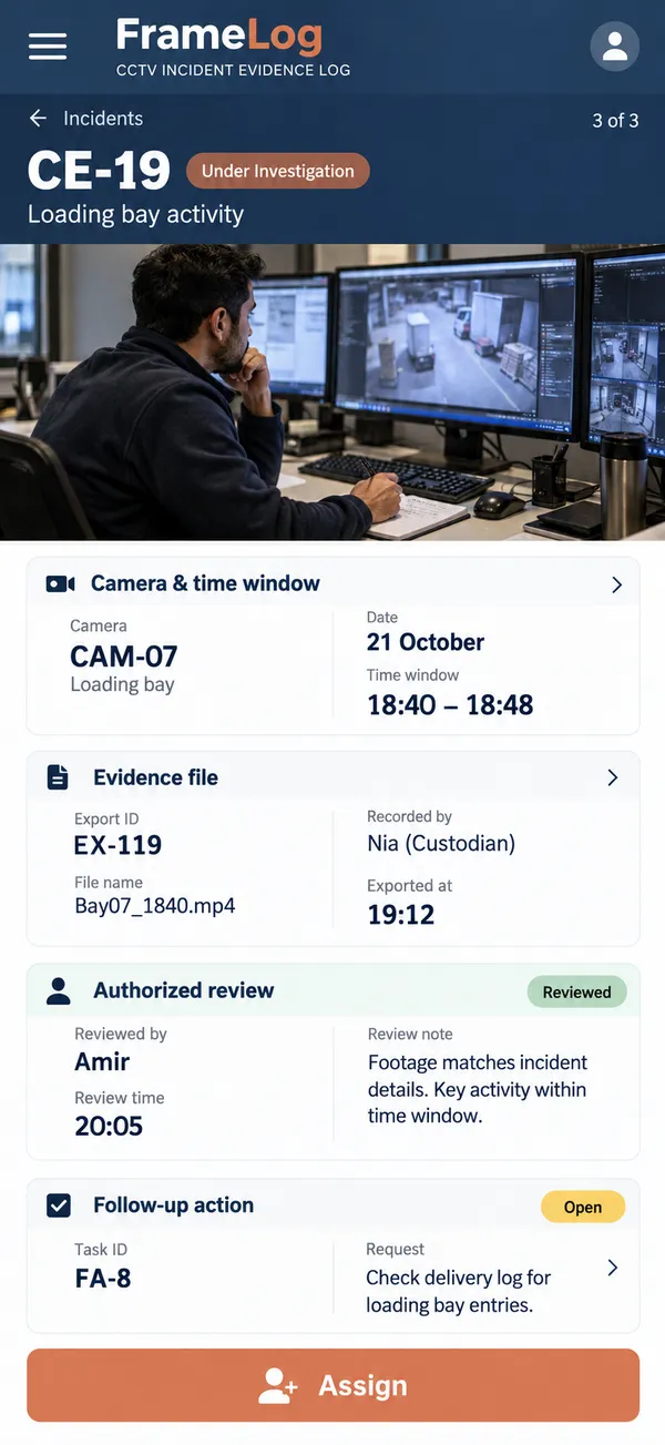FrameLog CCTV evidence log app: an investigation action connected to its footage evidence
