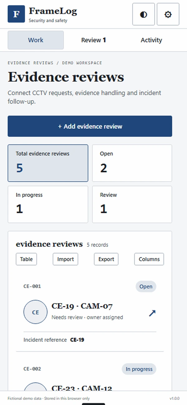 FrameLog CCTV evidence log app: footage reference and time window specified for an incident review