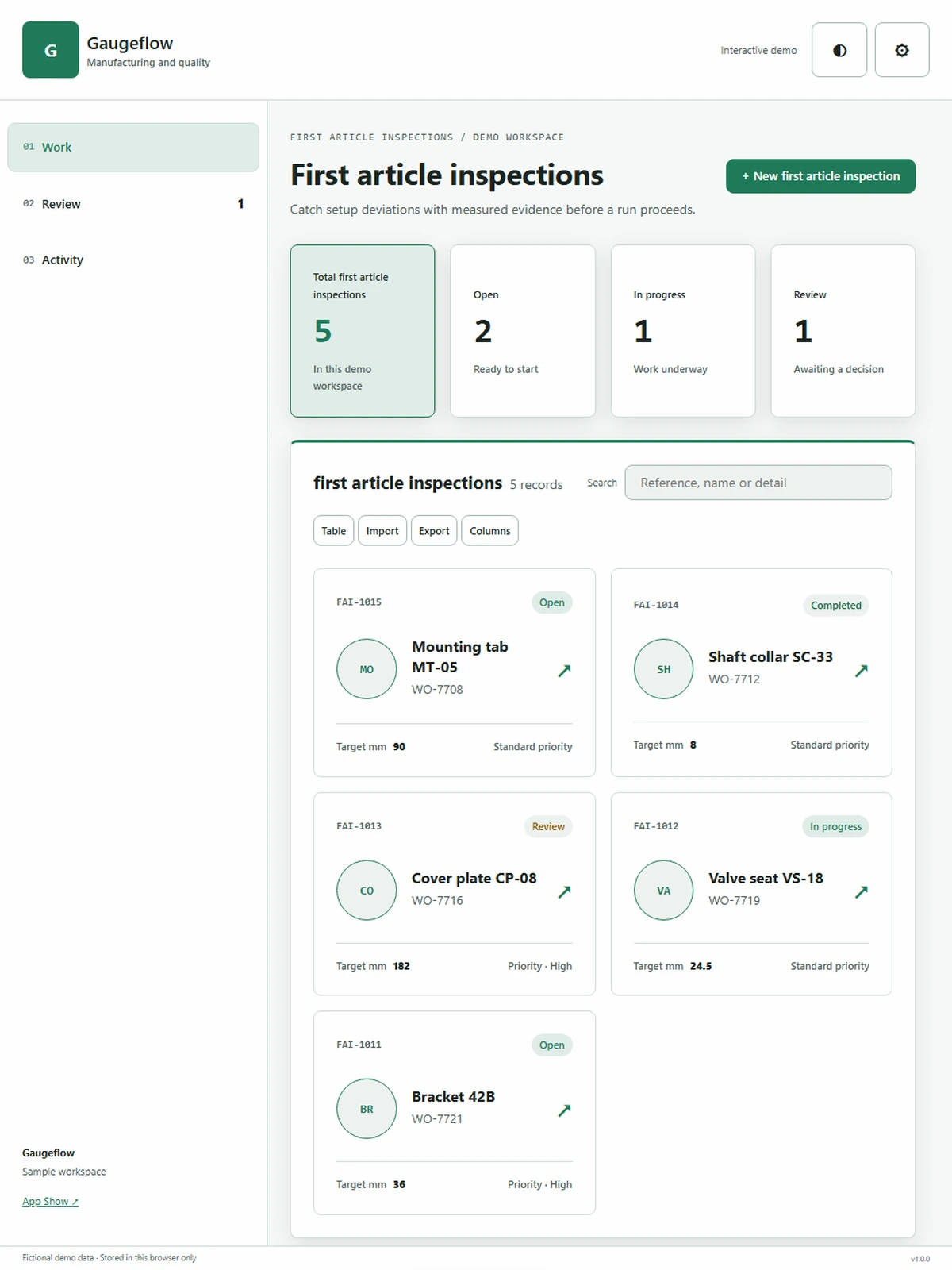 Gaugeflow responsive tablet workspace with sample business records.