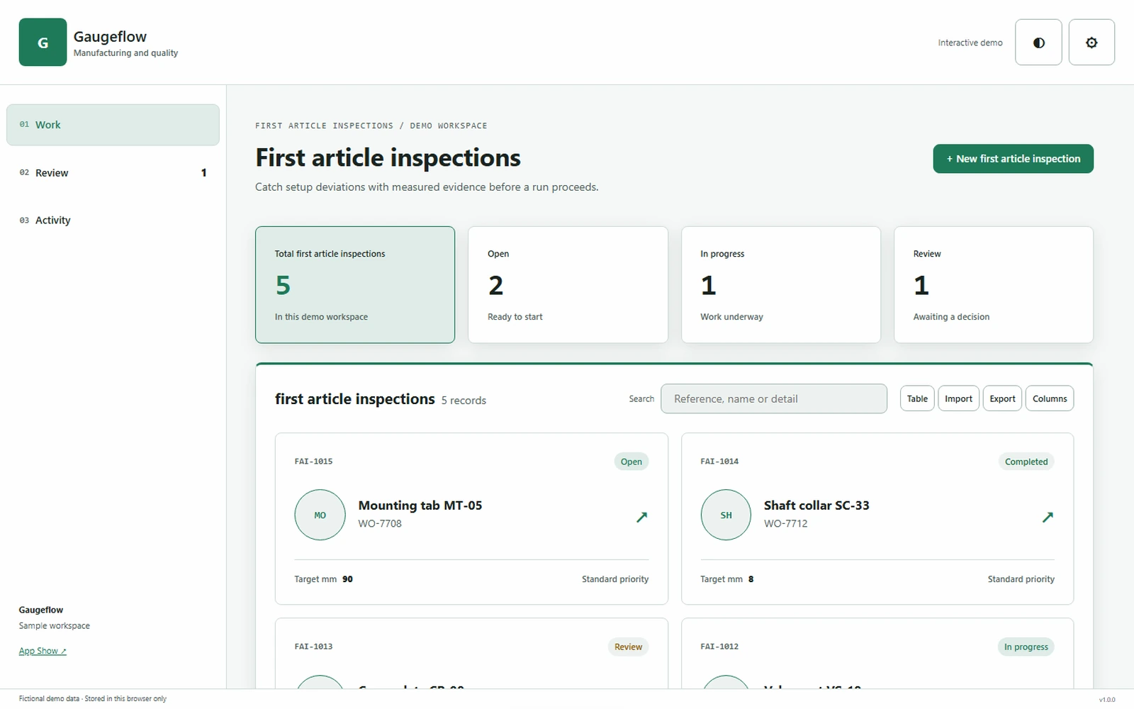 Gaugeflow responsive pc workspace with sample business records.