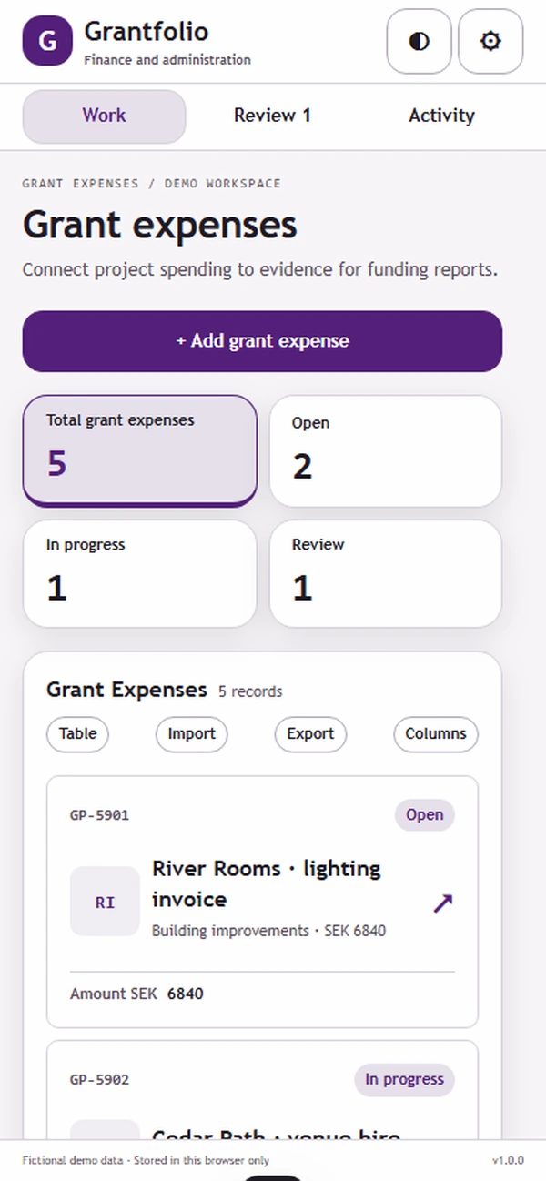 Grantfolio: work queue with sample records