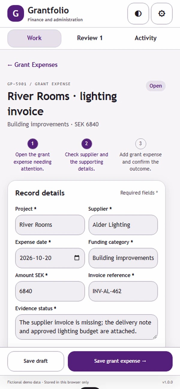 Grantfolio: editable business record and action