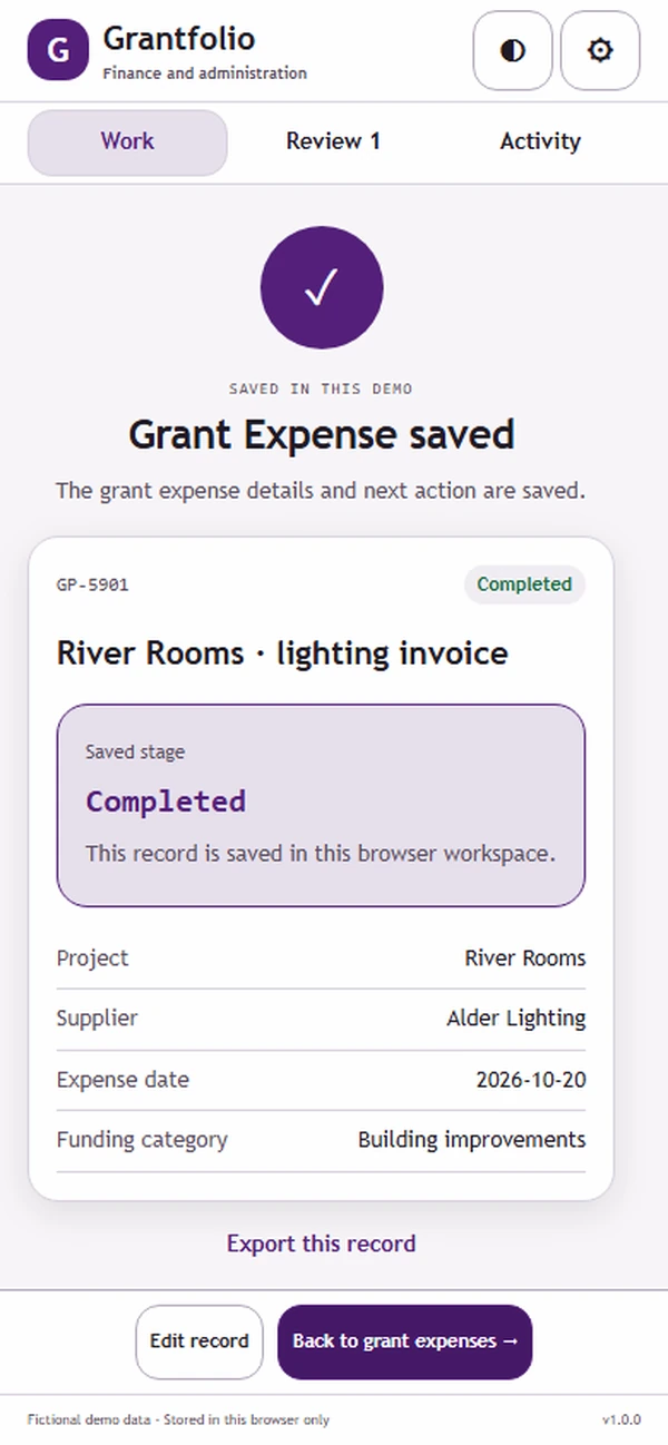 Grantfolio: saved result with recorded details