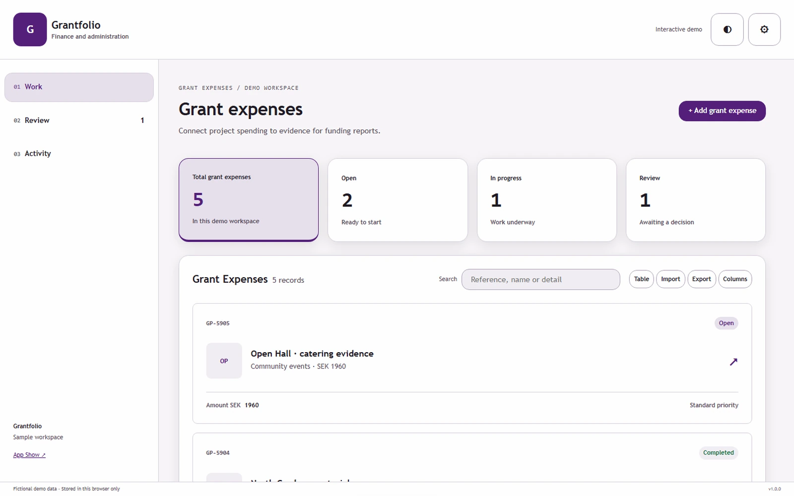 Grantfolio responsive pc workspace with sample business records.