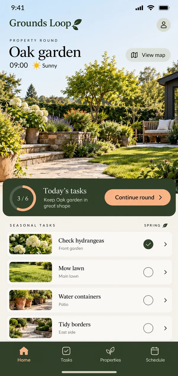 Grounds Loop landscaping service app: the day's property round and assigned crews