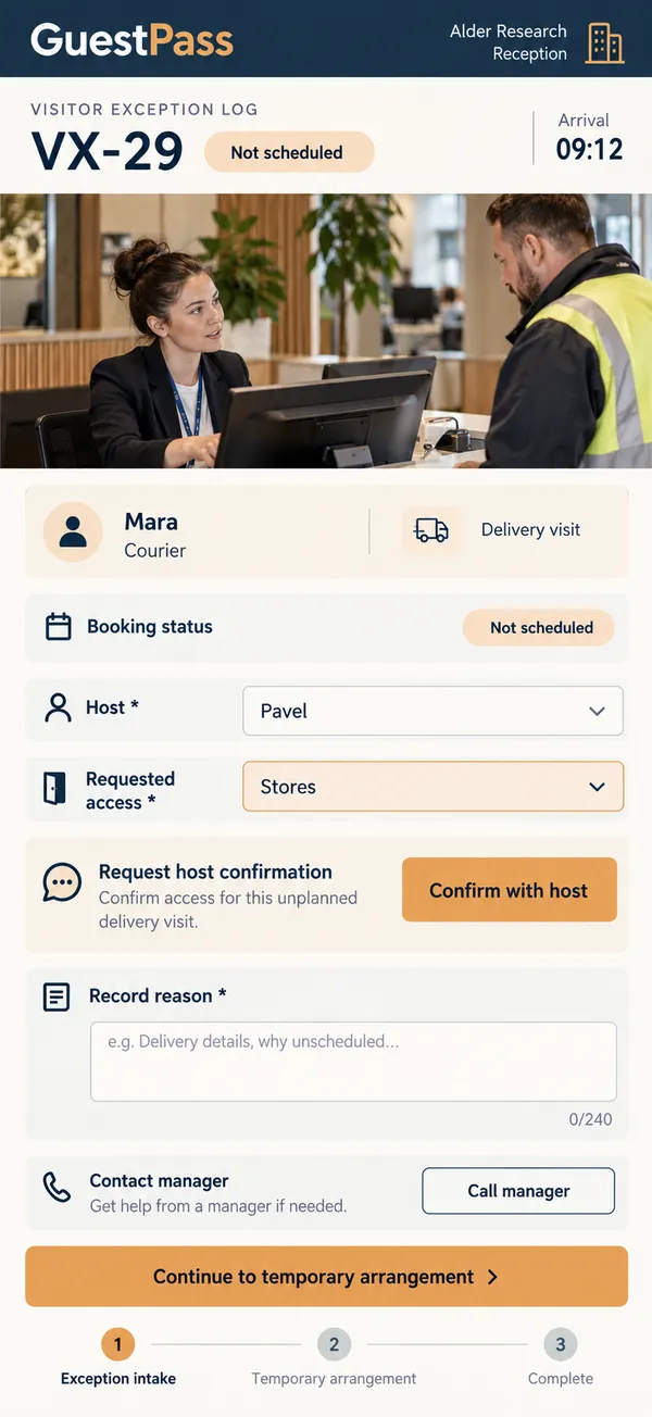 GuestPass visitor exception app: an unusual visitor access request made specific before confirming