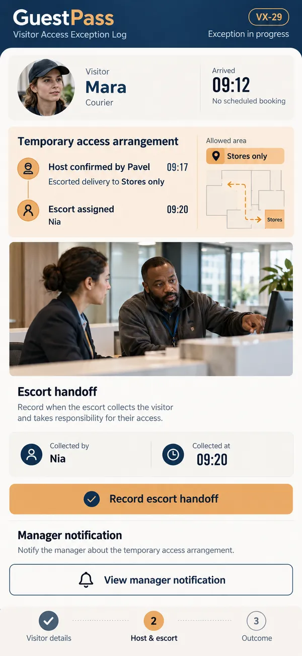 GuestPass visitor exception app: the host's conditions and restrictions shown during the visit