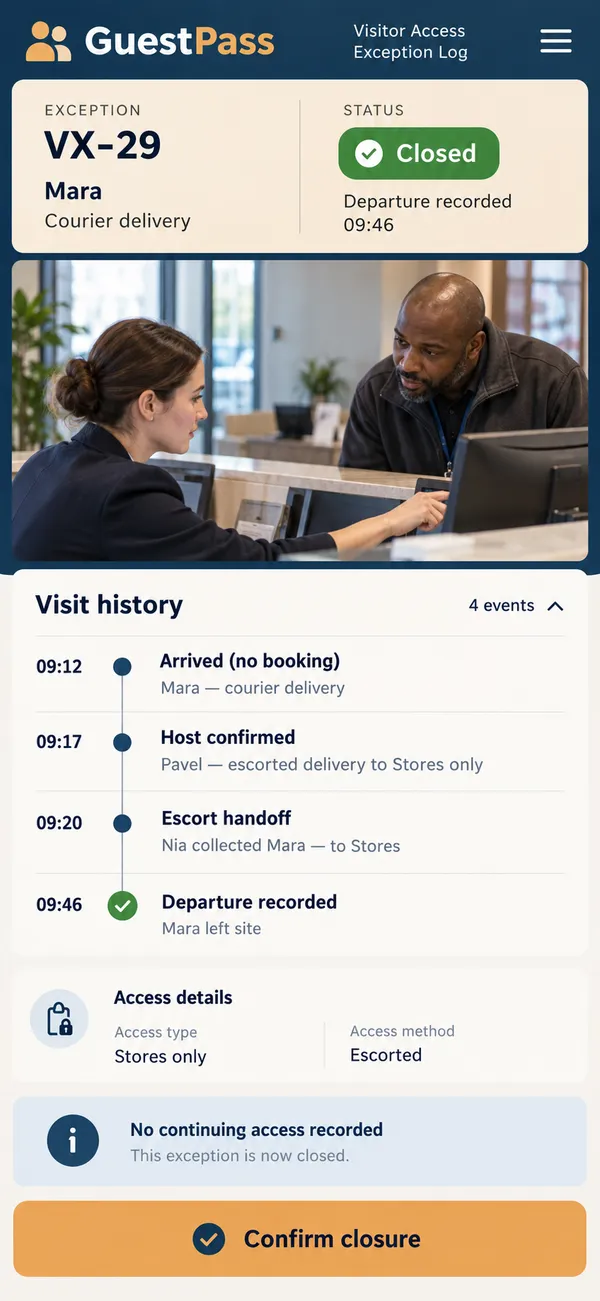 GuestPass visitor exception app: the temporary arrangement closed with a documented departure