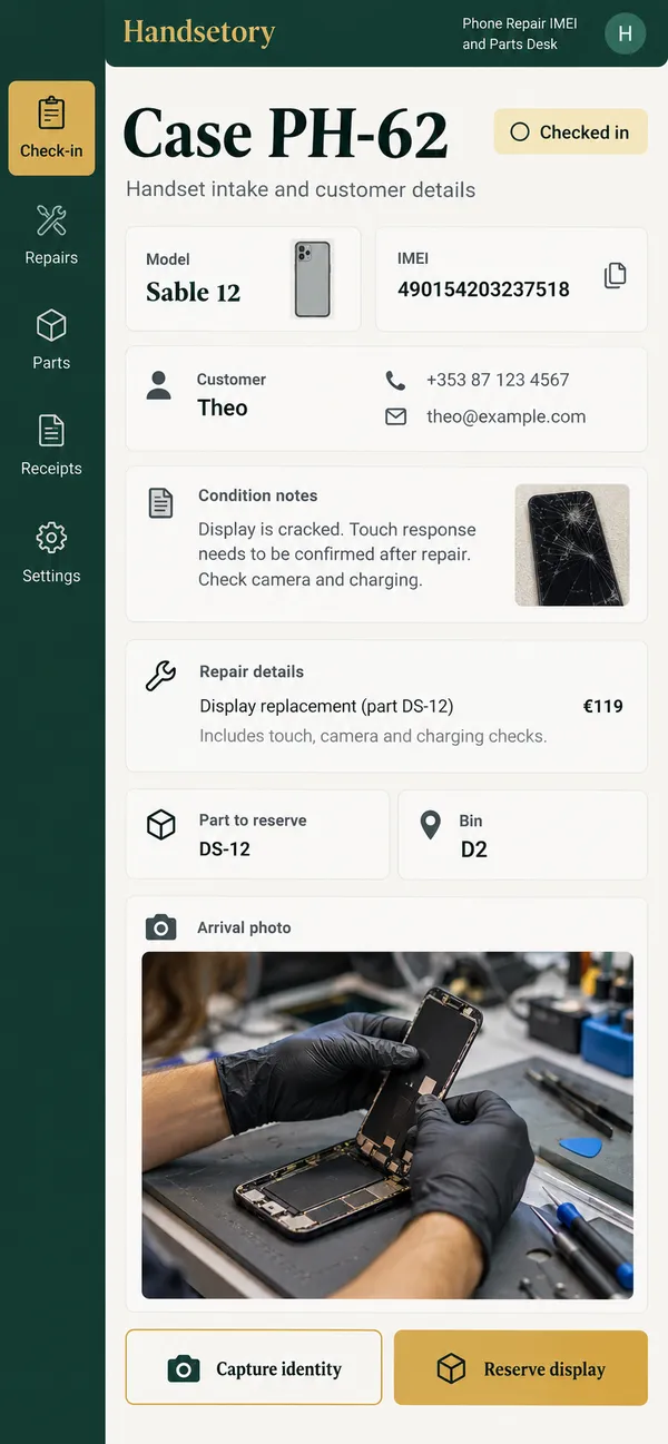 Handsetory phone repair shop app: handset identified by IMEI before it reaches the bench