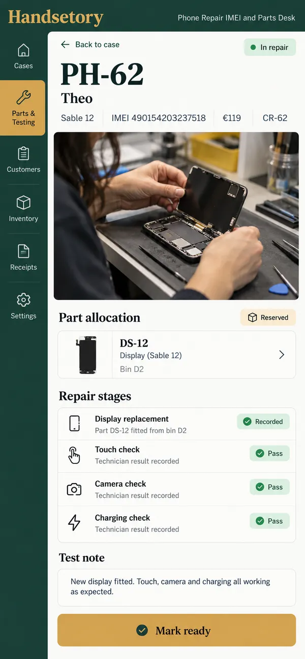 Handsetory phone repair shop app: the reserved part kept together with the repair test record