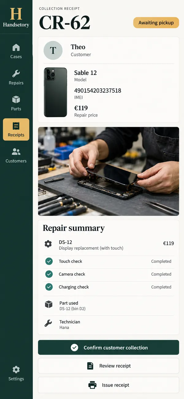 Handsetory phone repair shop app: identified handset returned with a repair receipt