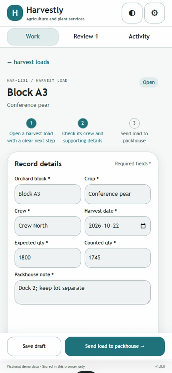 Harvestly: editable business record and action