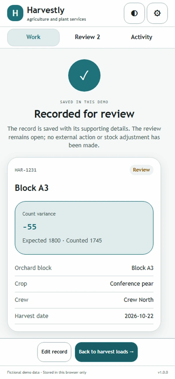 Harvestly: saved result with recorded details