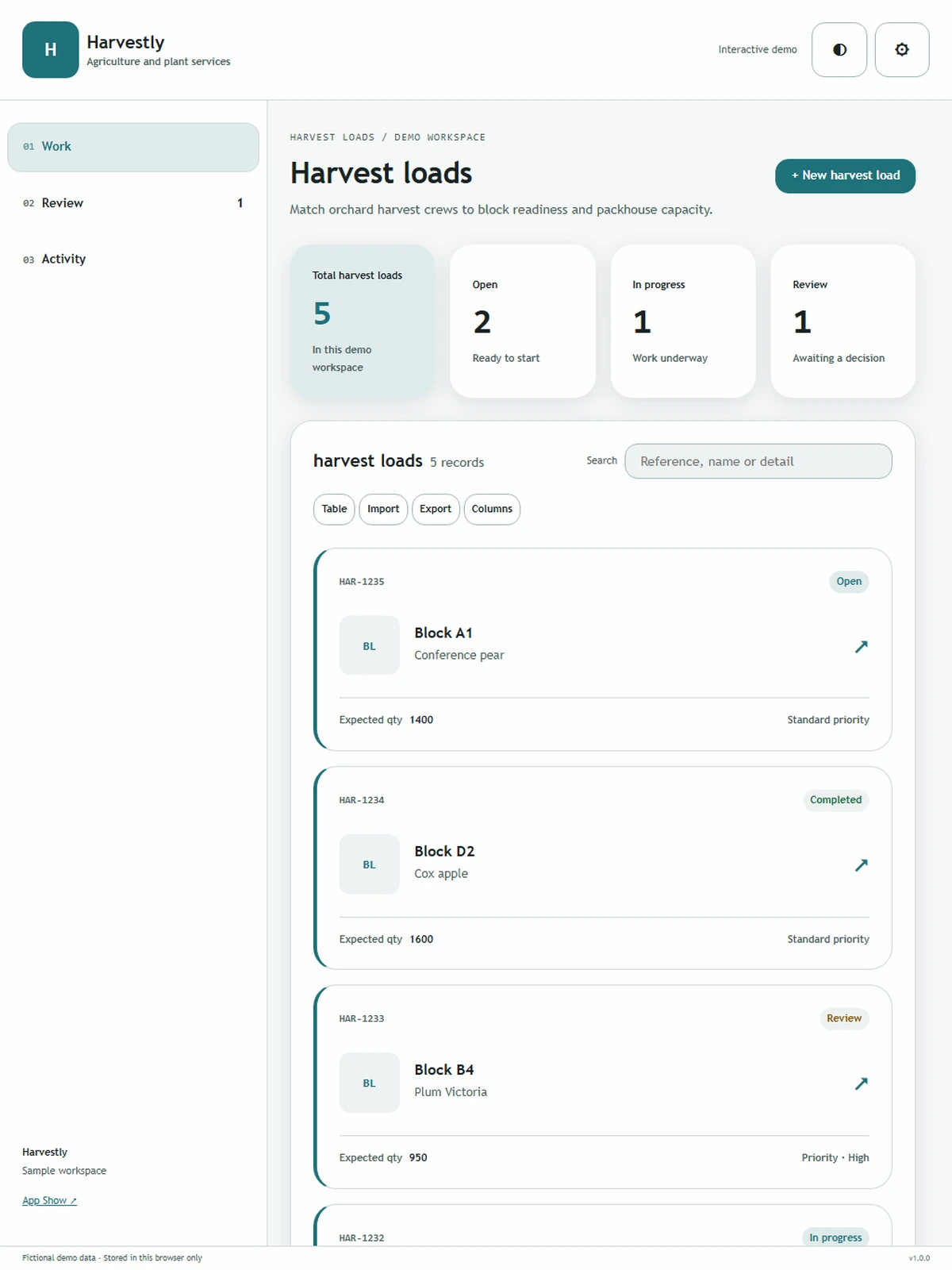 Harvestly responsive tablet workspace with sample business records.