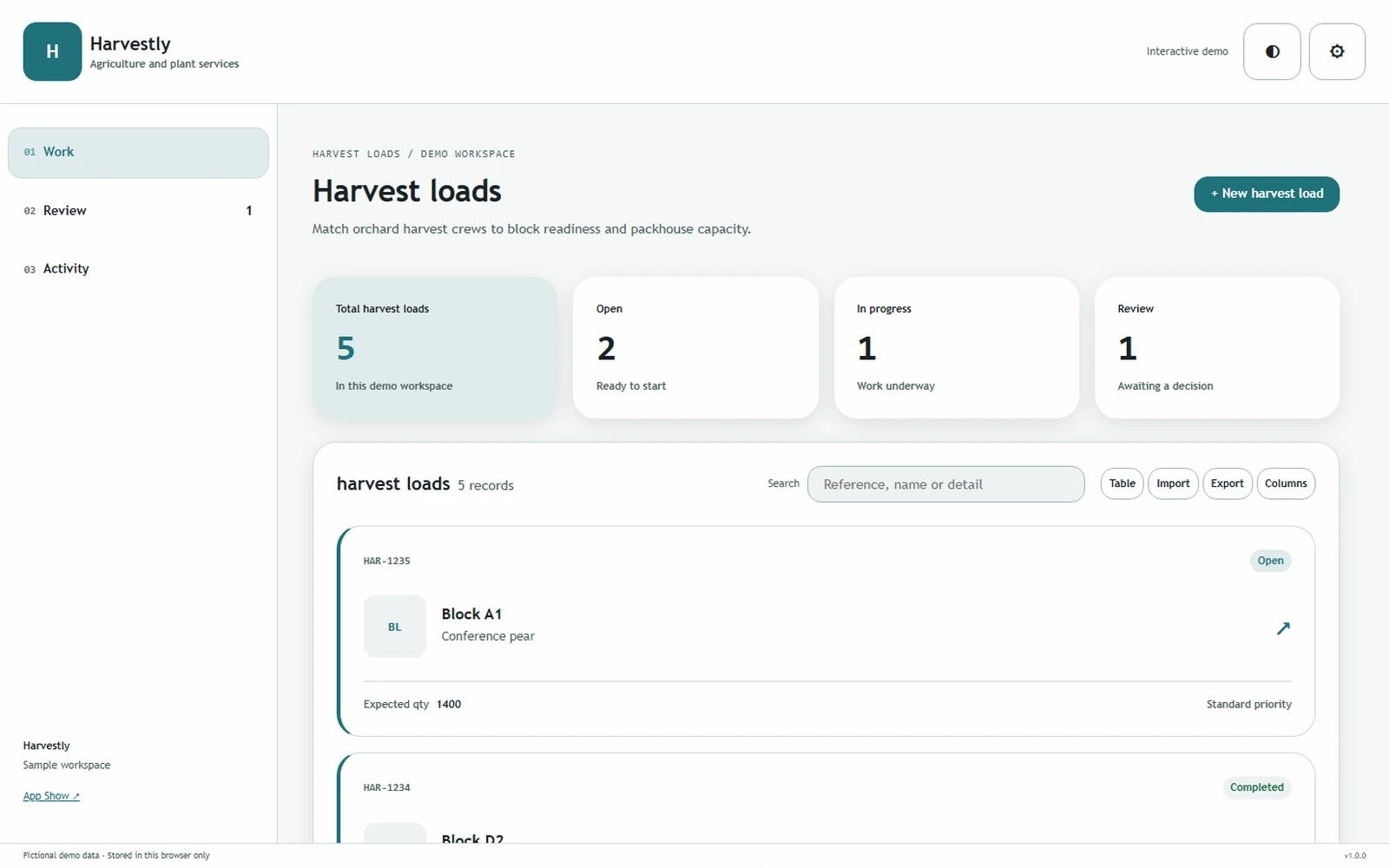 Harvestly responsive pc workspace with sample business records.
