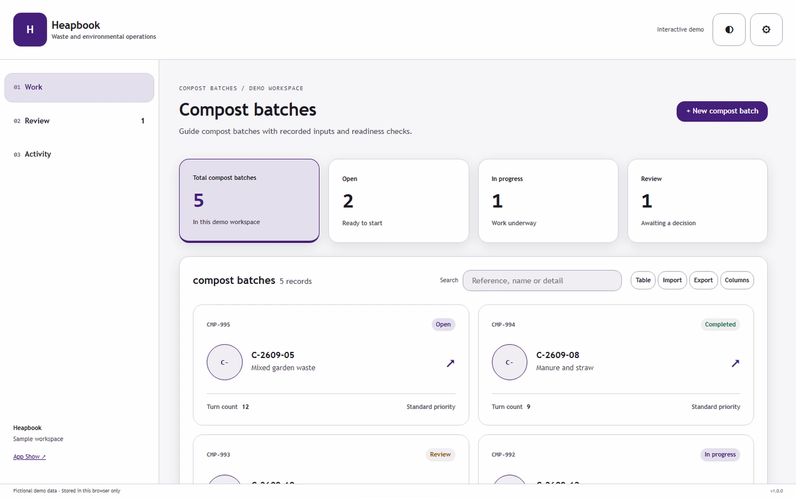 Heapbook responsive pc workspace with sample business records.