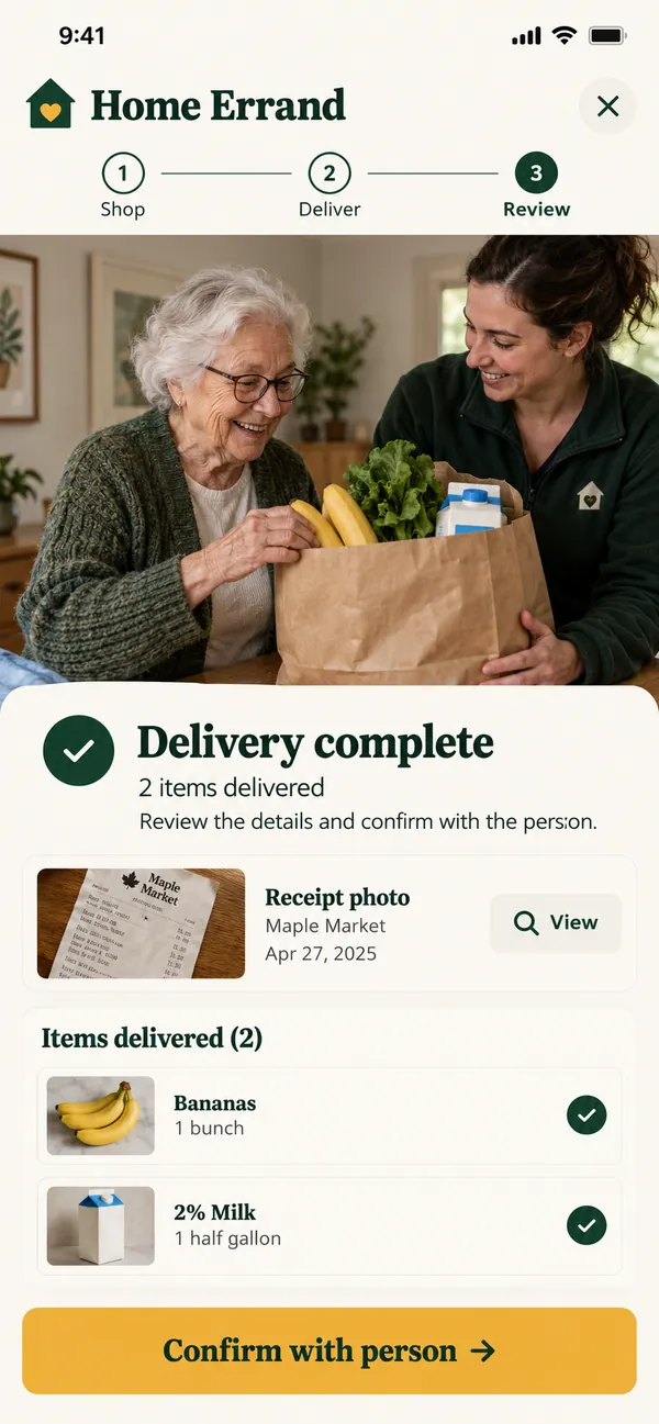 Review the completed errand with a note and receipt photo.
