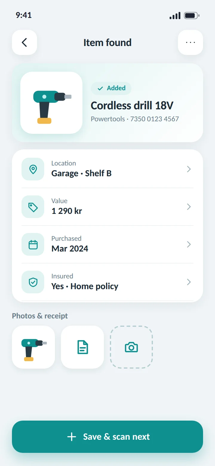 Item details with location and value