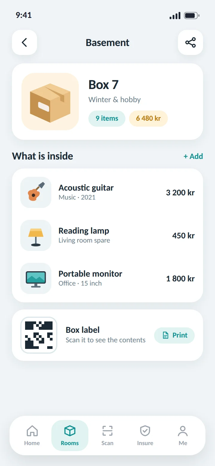 Box contents with QR label