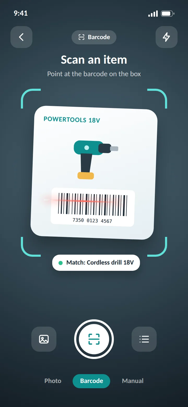 Home Inventory home inventory app: scanning an item barcode with live matching