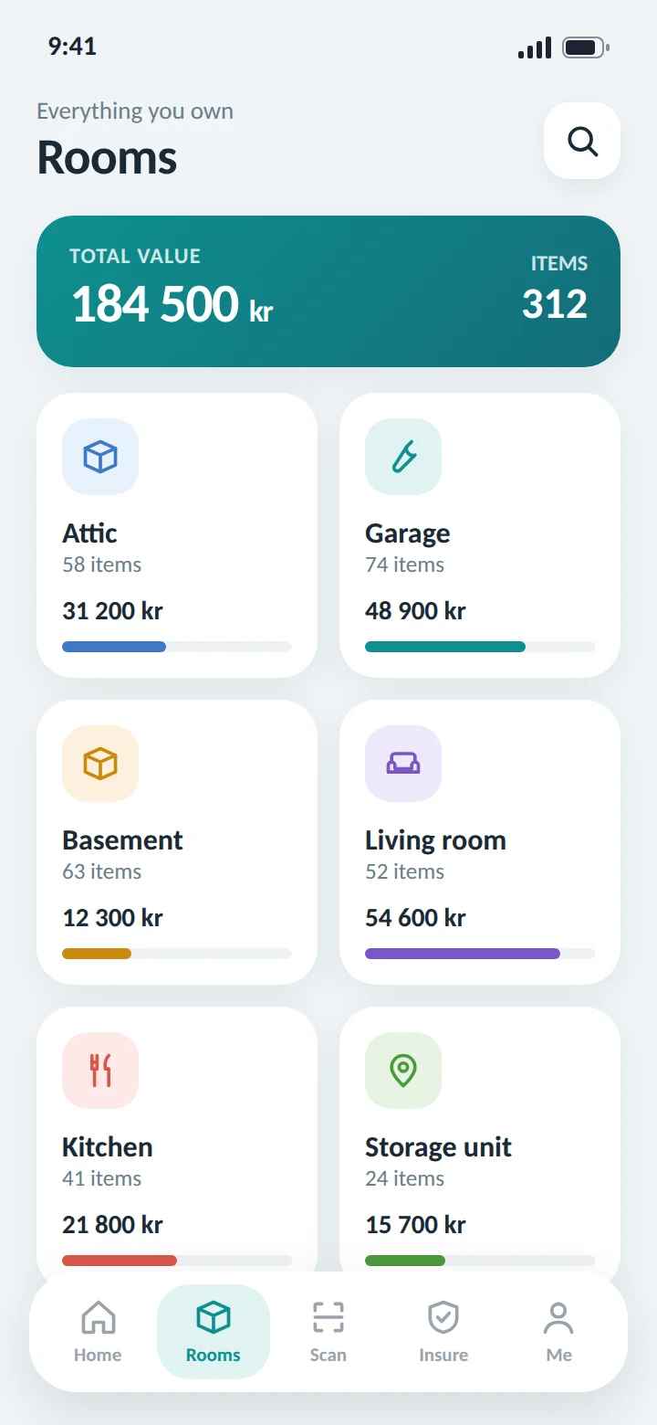 Home Inventory home inventory app: rooms overview listing each room with the total value of its items