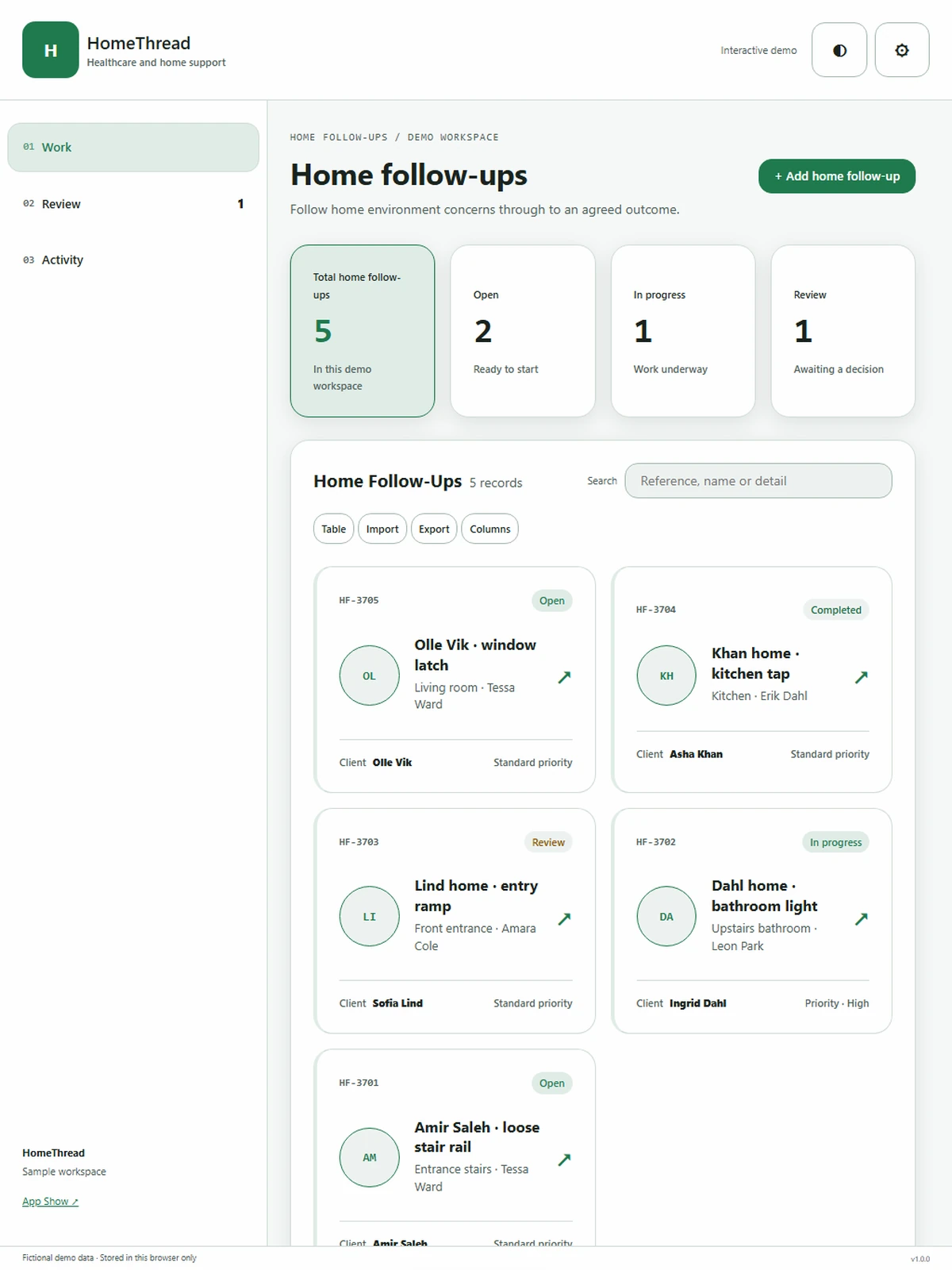 HomeThread responsive tablet workspace with sample business records.