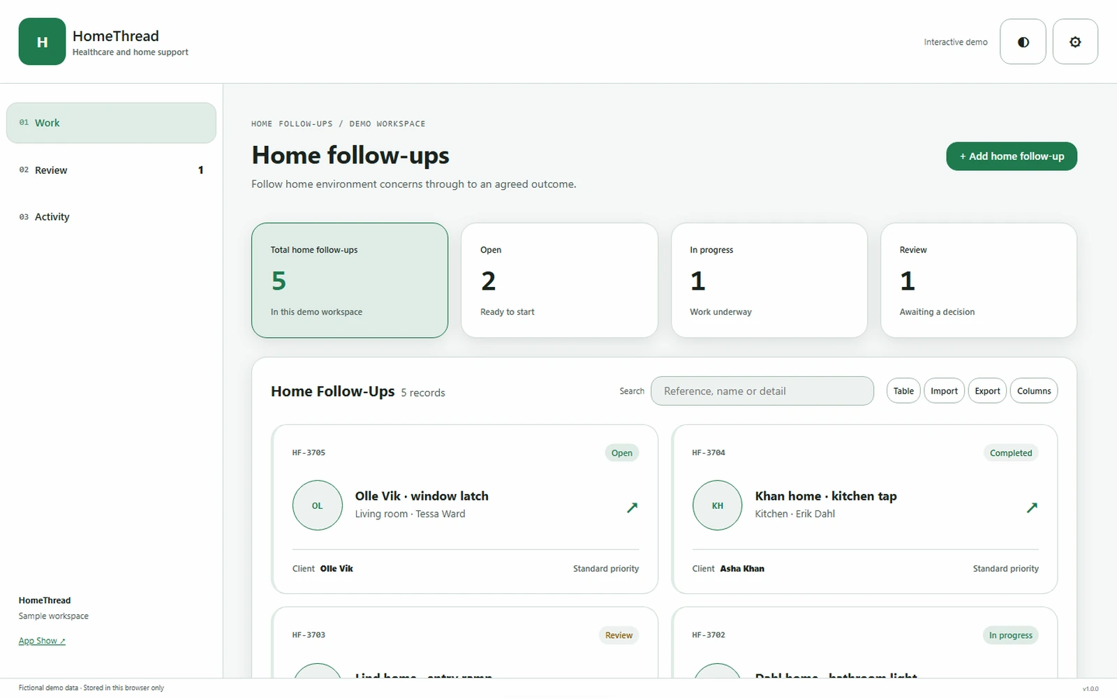 HomeThread responsive pc workspace with sample business records.