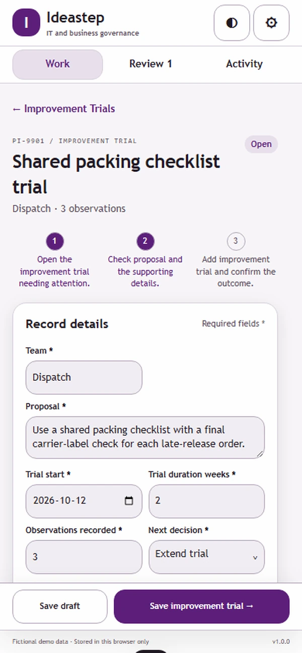 Ideastep: editable business record and action