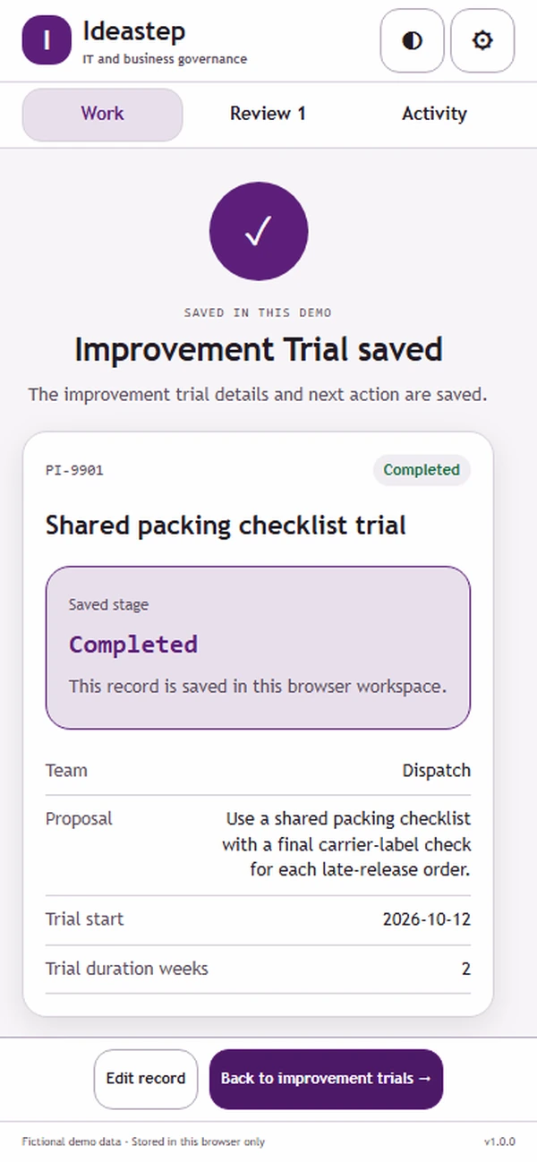 Ideastep: saved result with recorded details