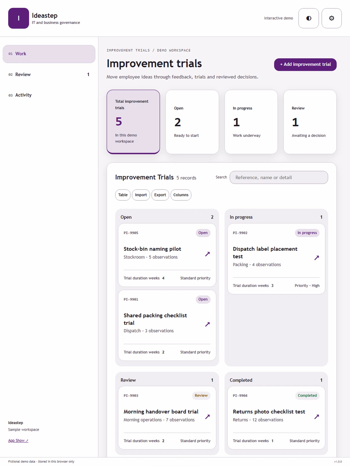 Ideastep responsive tablet workspace with sample business records.