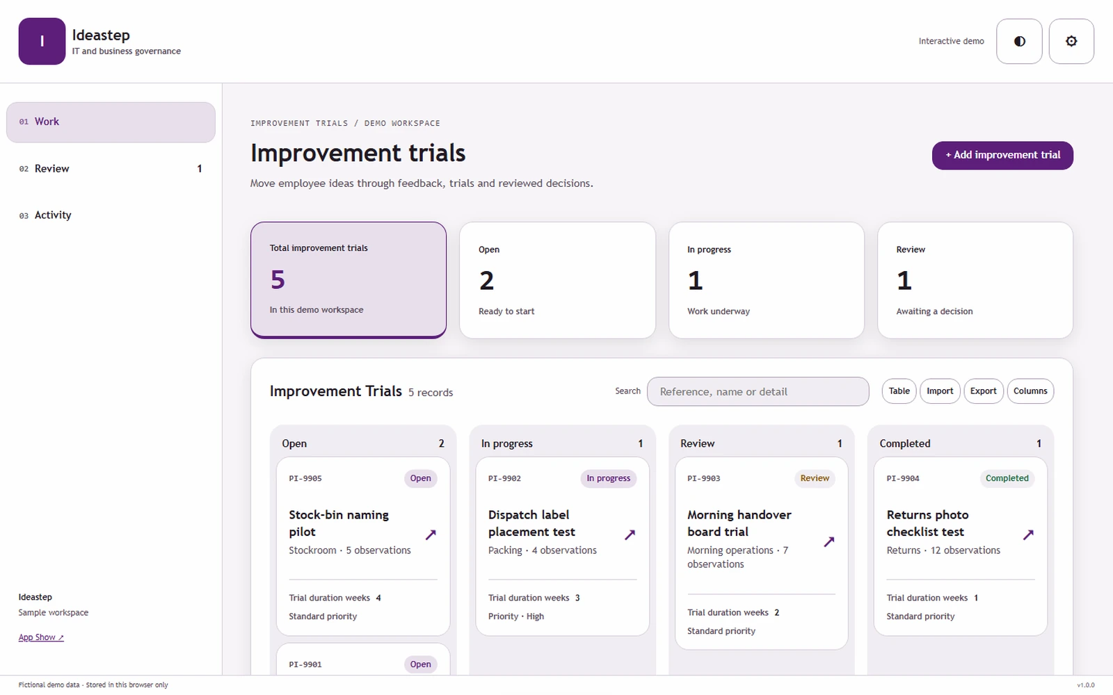 Ideastep responsive pc workspace with sample business records.