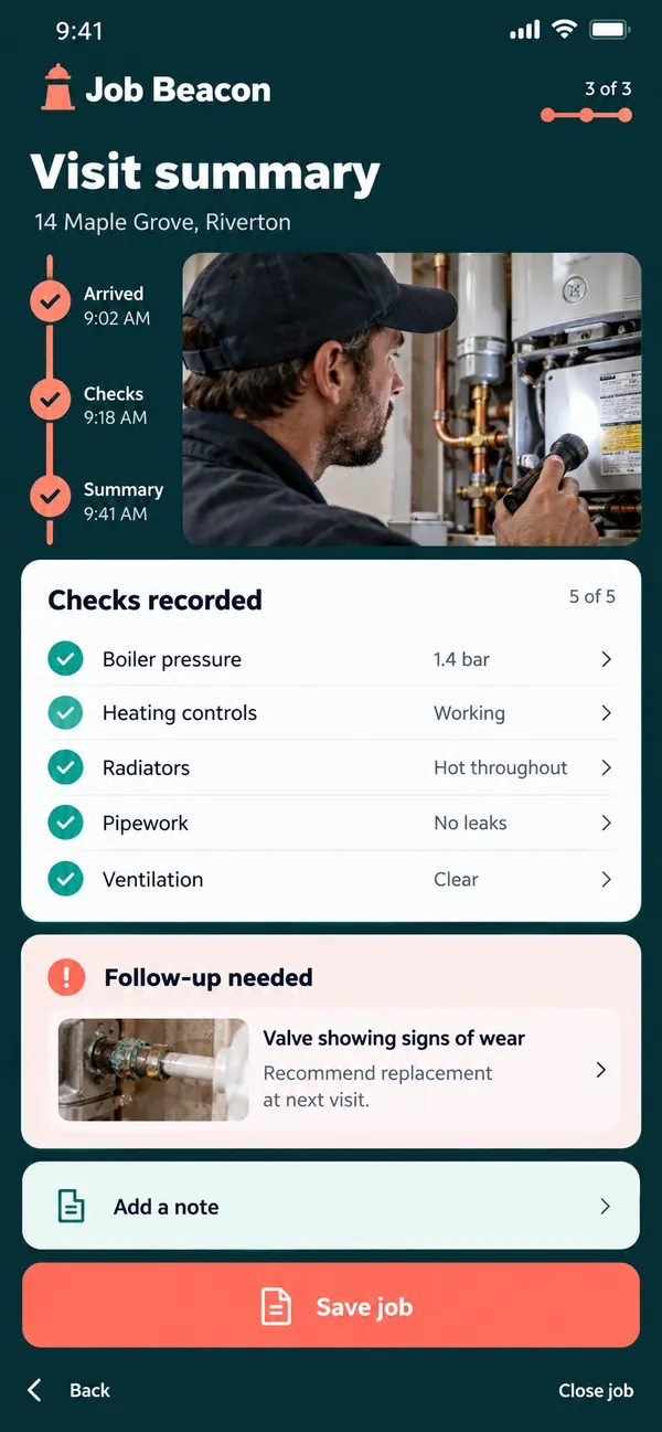 Save a visit summary with the follow-up action.