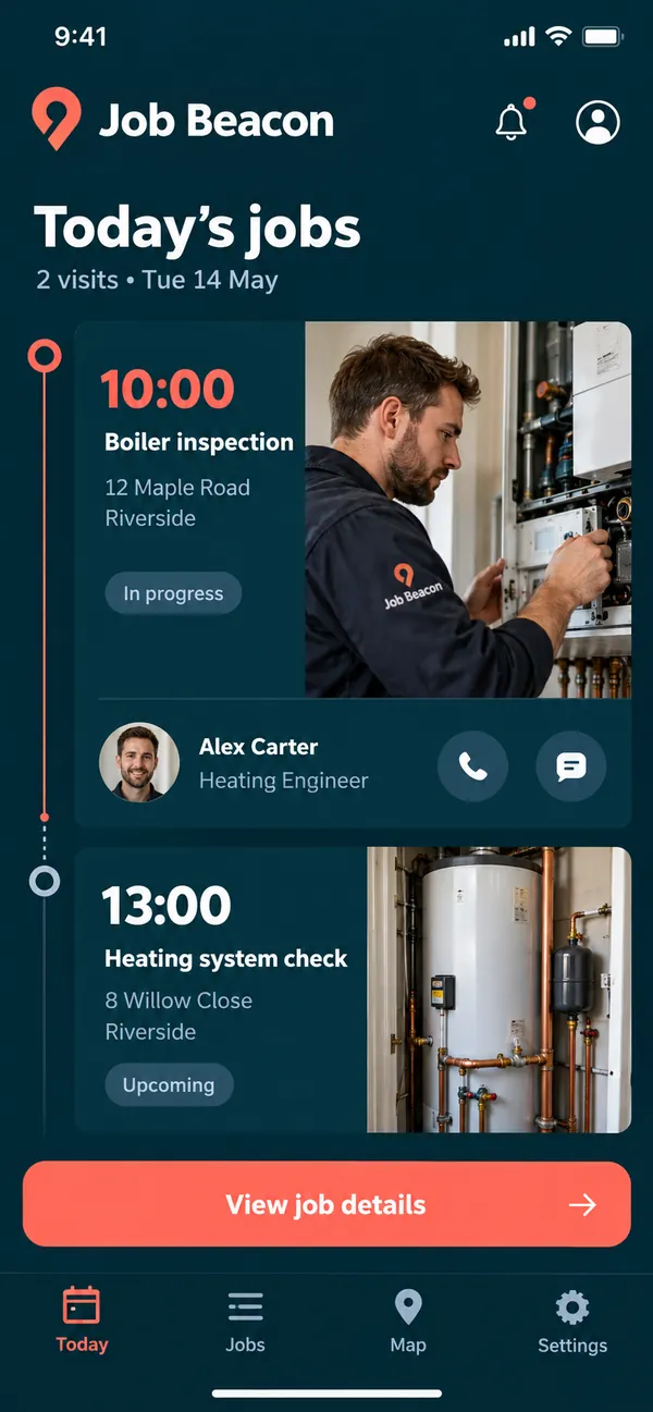 Job Beacon field service scheduling app: today's jobs for each technician