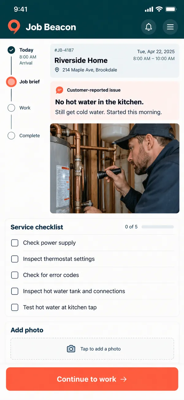 Job Beacon field service scheduling app: a job brief with time, address and reported issue