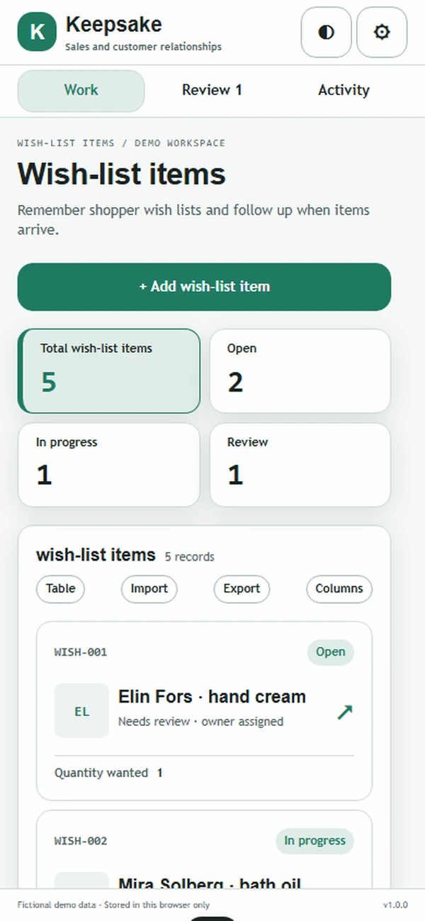 Keepsake: work queue with sample records
