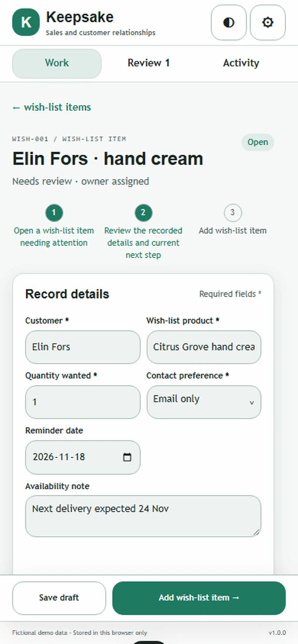 Keepsake: editable business record and action