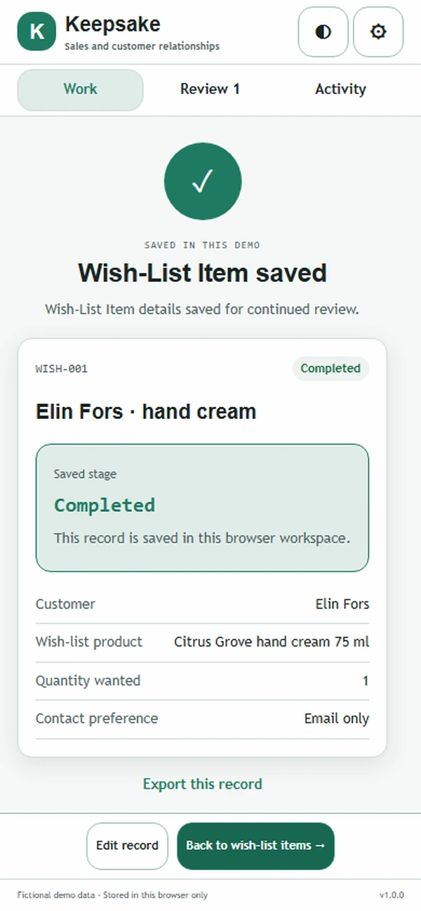 Keepsake: saved result with recorded details