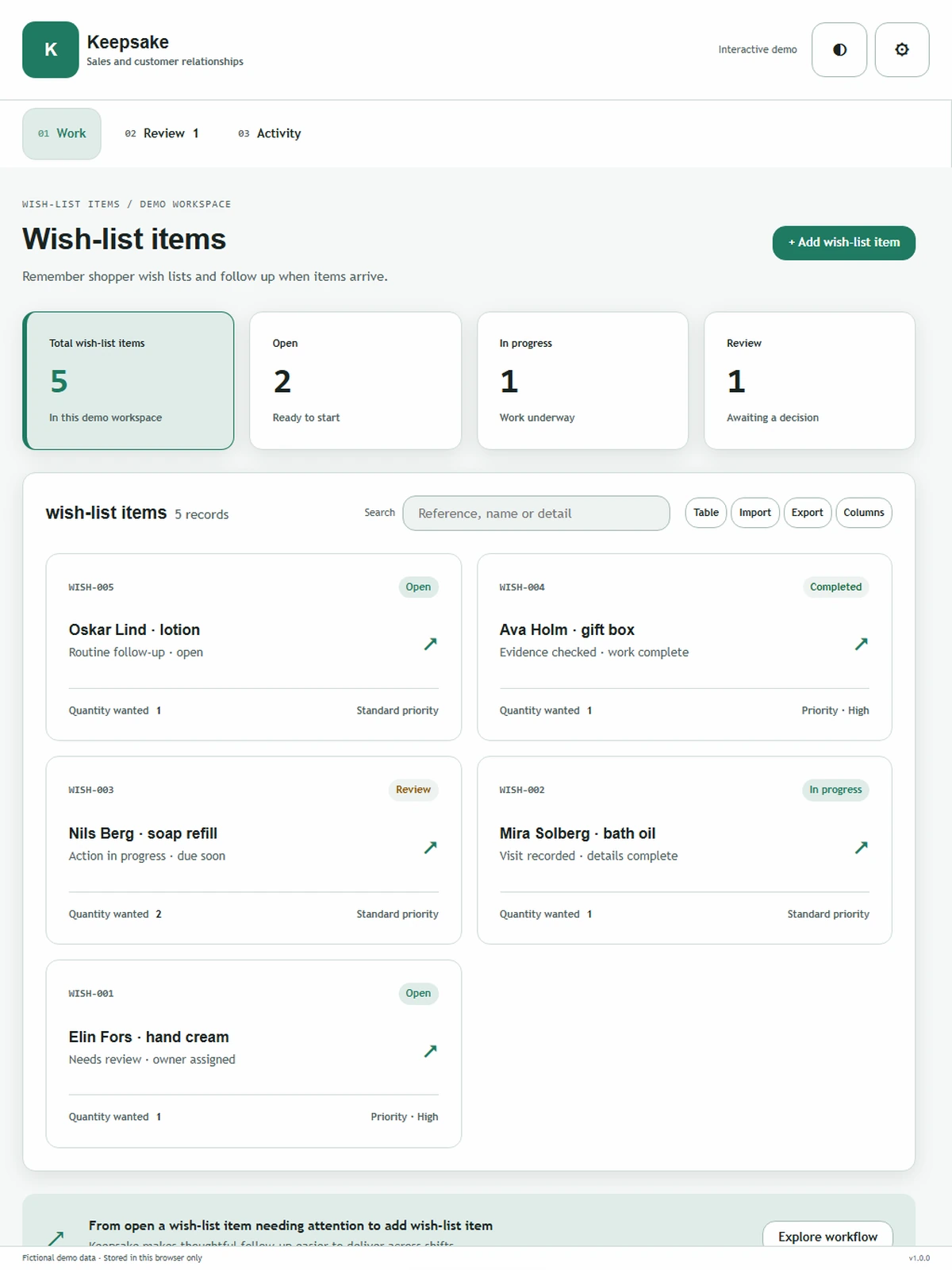 Keepsake responsive tablet workspace with sample business records.