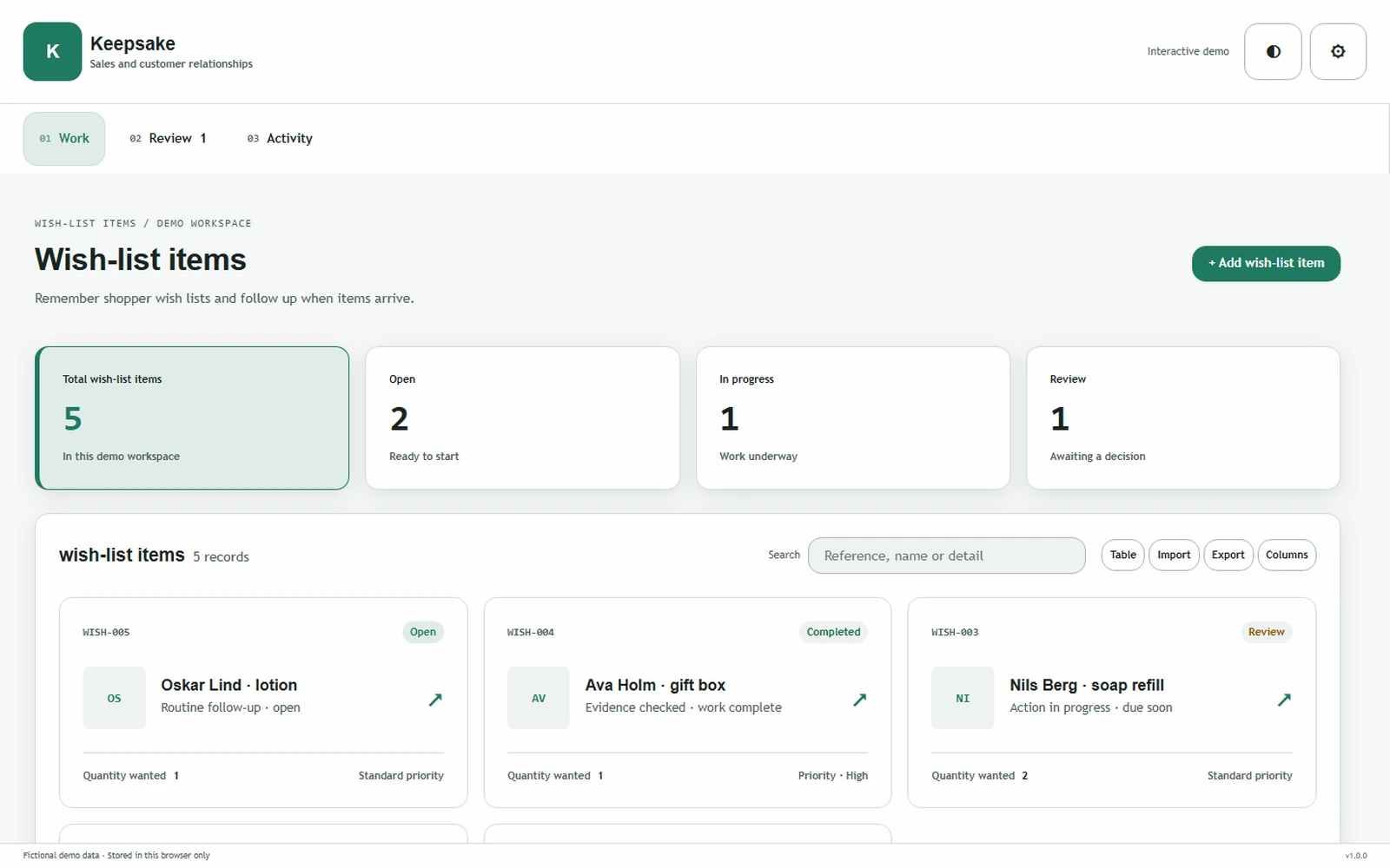 Keepsake responsive pc workspace with sample business records.