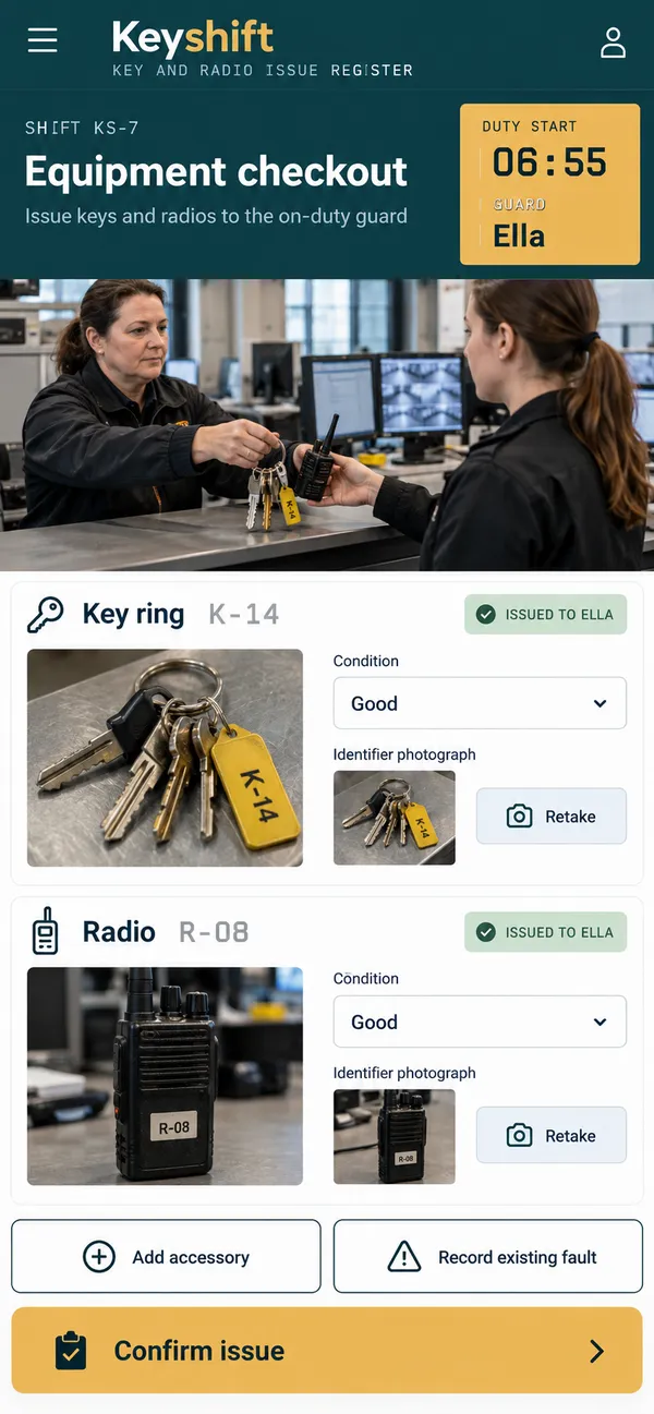 Keyshift key control app: each issued key or radio shown with a named holder