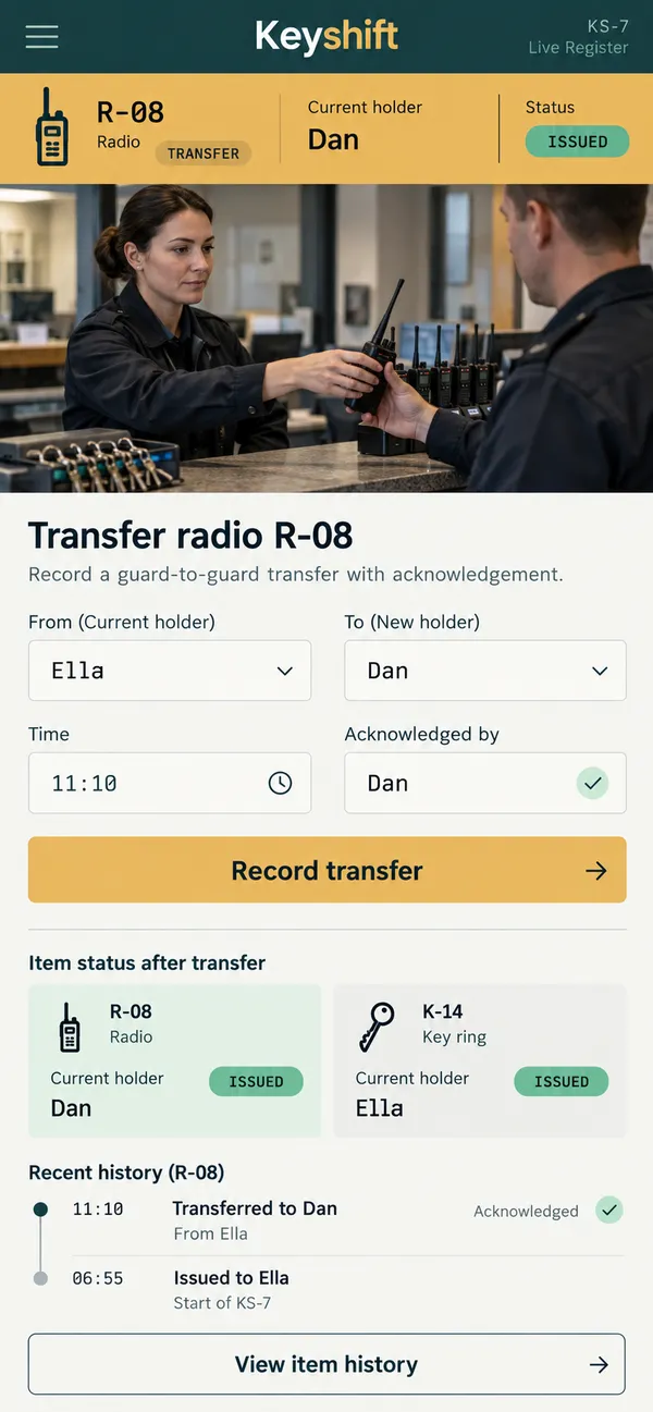 Keyshift key control app: a transfer recorded for an individual item between staff