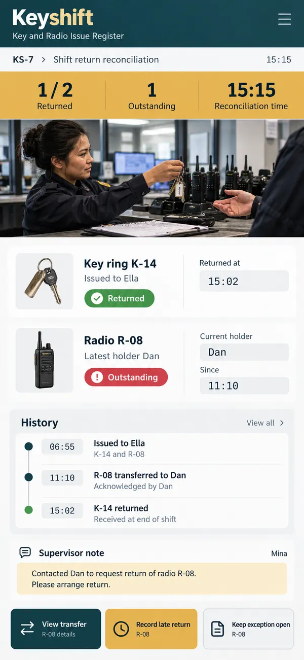 Keyshift key control app: the current holder of an outstanding item found at shift end
