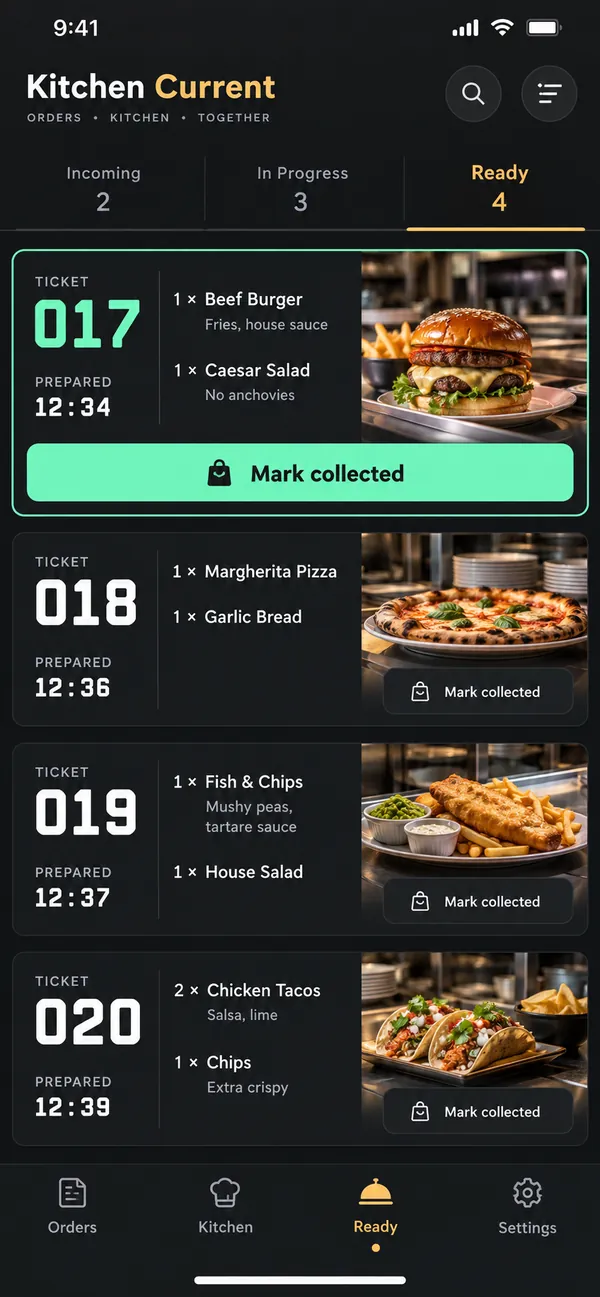 Kitchen Current kitchen display app: ready queue of finished orders waiting to be handed to customers