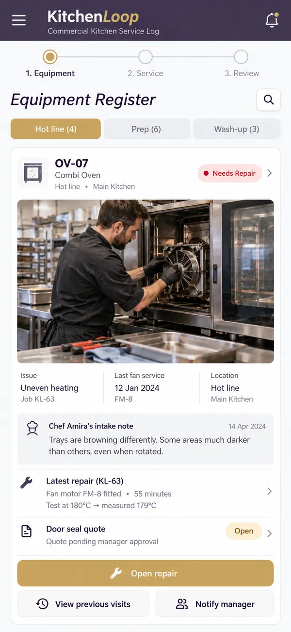 KitchenLoop commercial kitchen service app: the appliance identified with the original complaint