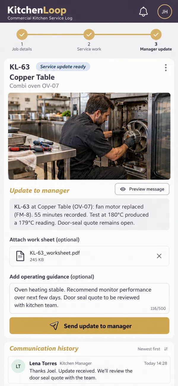 KitchenLoop commercial kitchen service app: progress explained in terms the kitchen can use
